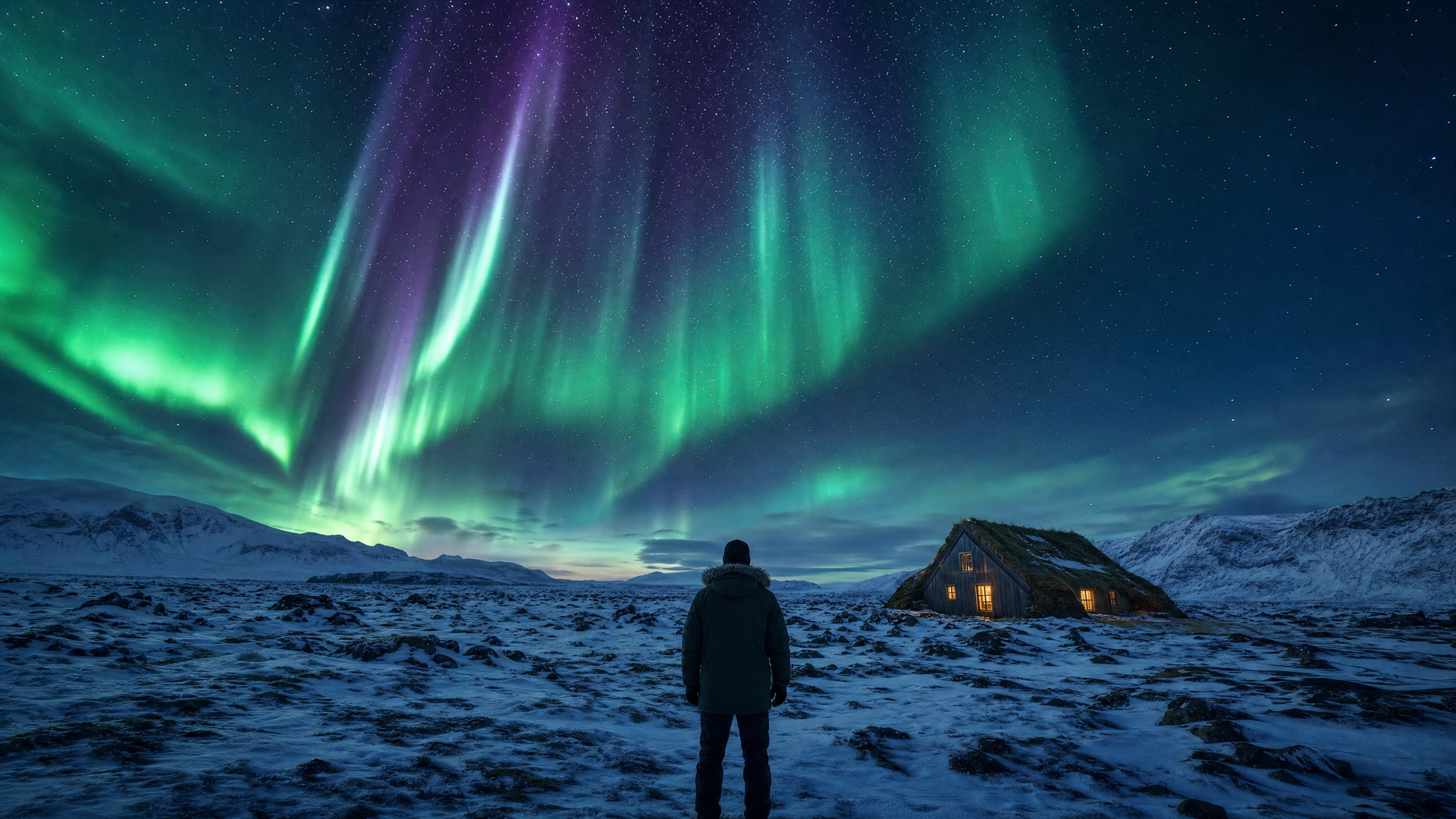 Person standing in snowy landscape beneath vivid green aurora and starry night sky, with lit cabin nearby