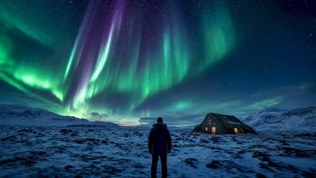 Person standing in snowy landscape beneath vivid green aurora and starry night sky, with lit cabin nearby