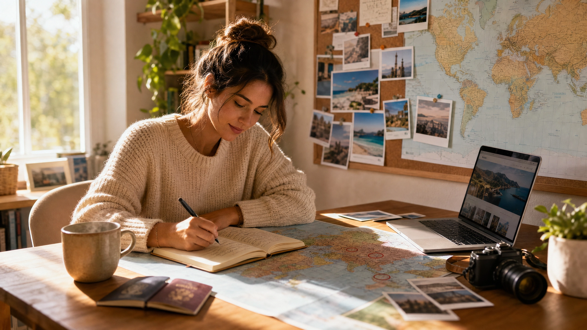Person writing at a sunlit desk with maps, photos, a laptop, and camera gear nearby