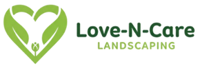 Logo of Love-N-Care Landscaping with a green heart made of leaves and a small flower, green text.