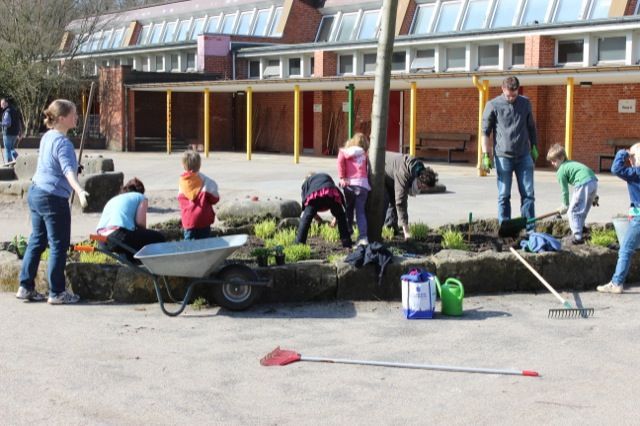 Eltern und Kinder der Schule Iserbrook helfen beim „Gartentag“