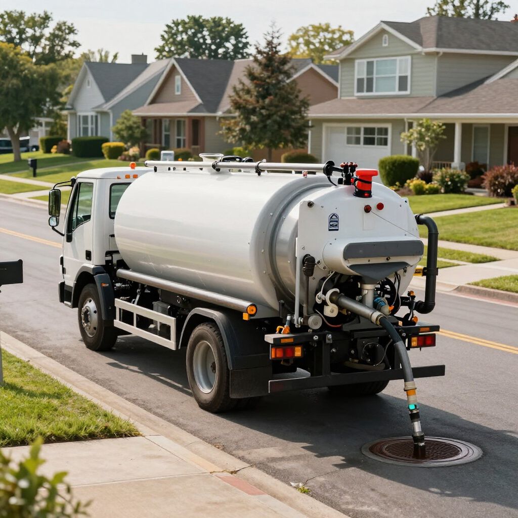 White septic tank truck parked on a residential street, hose connected to a manhole.