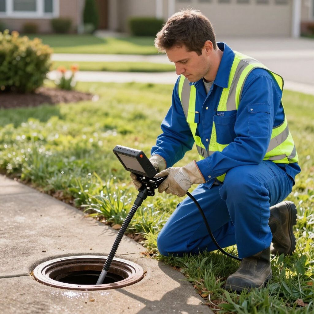 Man in work clothes inspecting sewer with camera. Outdoors, kneeling on grass.