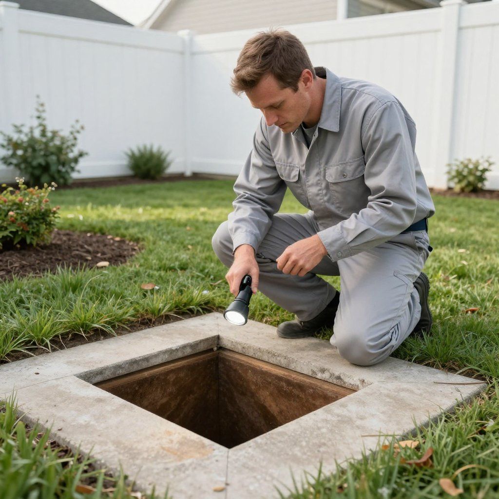 Man in work uniform inspecting a concrete opening with a flashlight in a grassy yard.