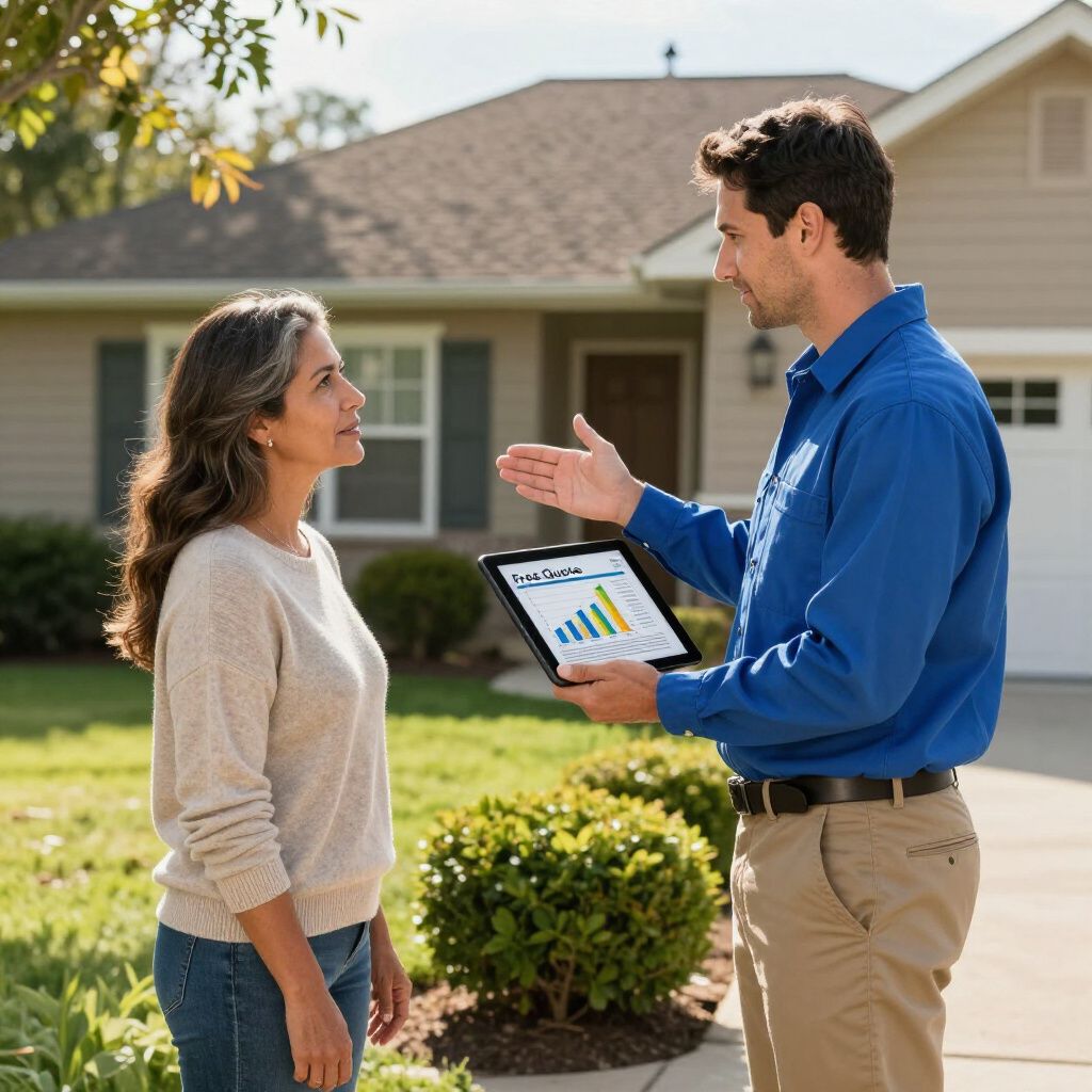 Woman and man outside a house, looking at tablet displaying charts; man gestures.