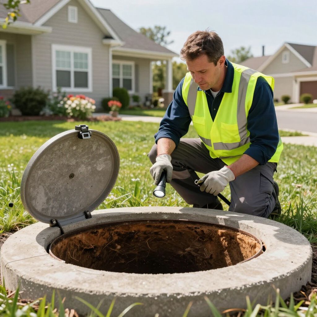 Man in safety vest inspecting open manhole in suburban yard.