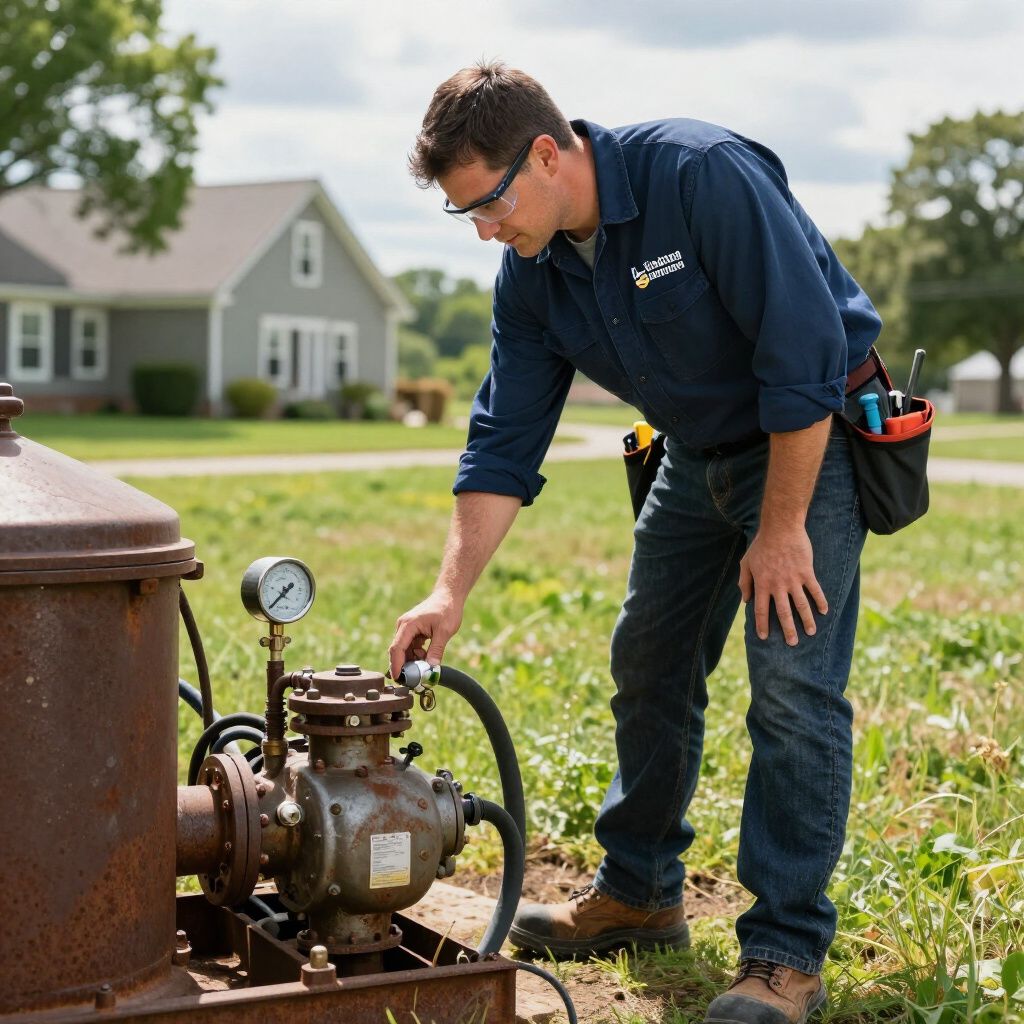 Man in blue work shirt inspecting a pump outdoors near a house, checking gauge.