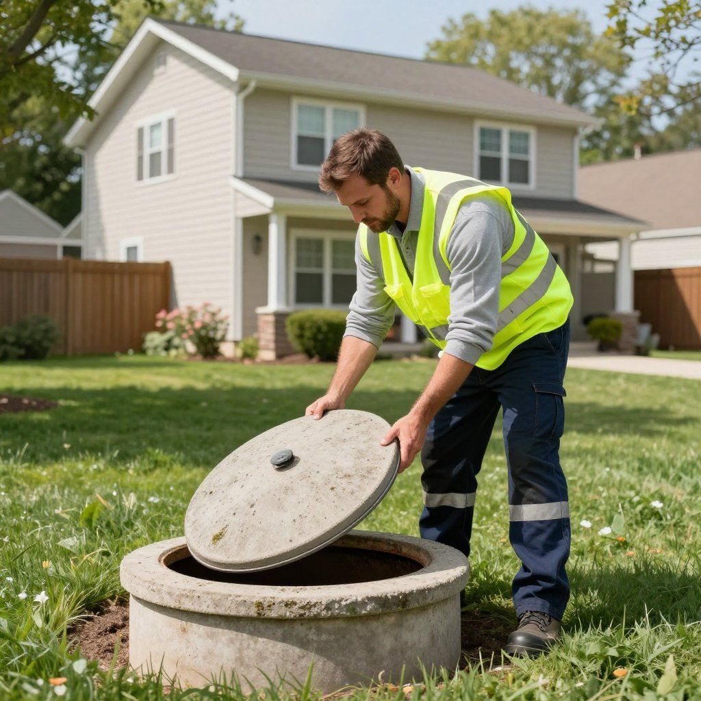 Man in reflective vest lifting a sewer cover in a residential yard.