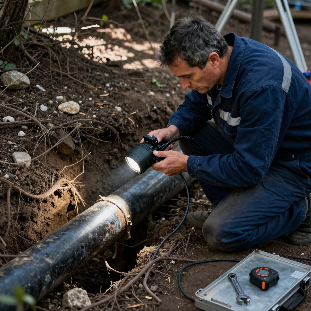 Plumber inspecting a black pipe with a flashlight outdoors.