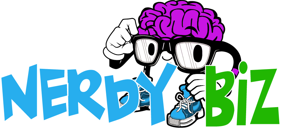 A logo for nerd biz with a brain and glasses
