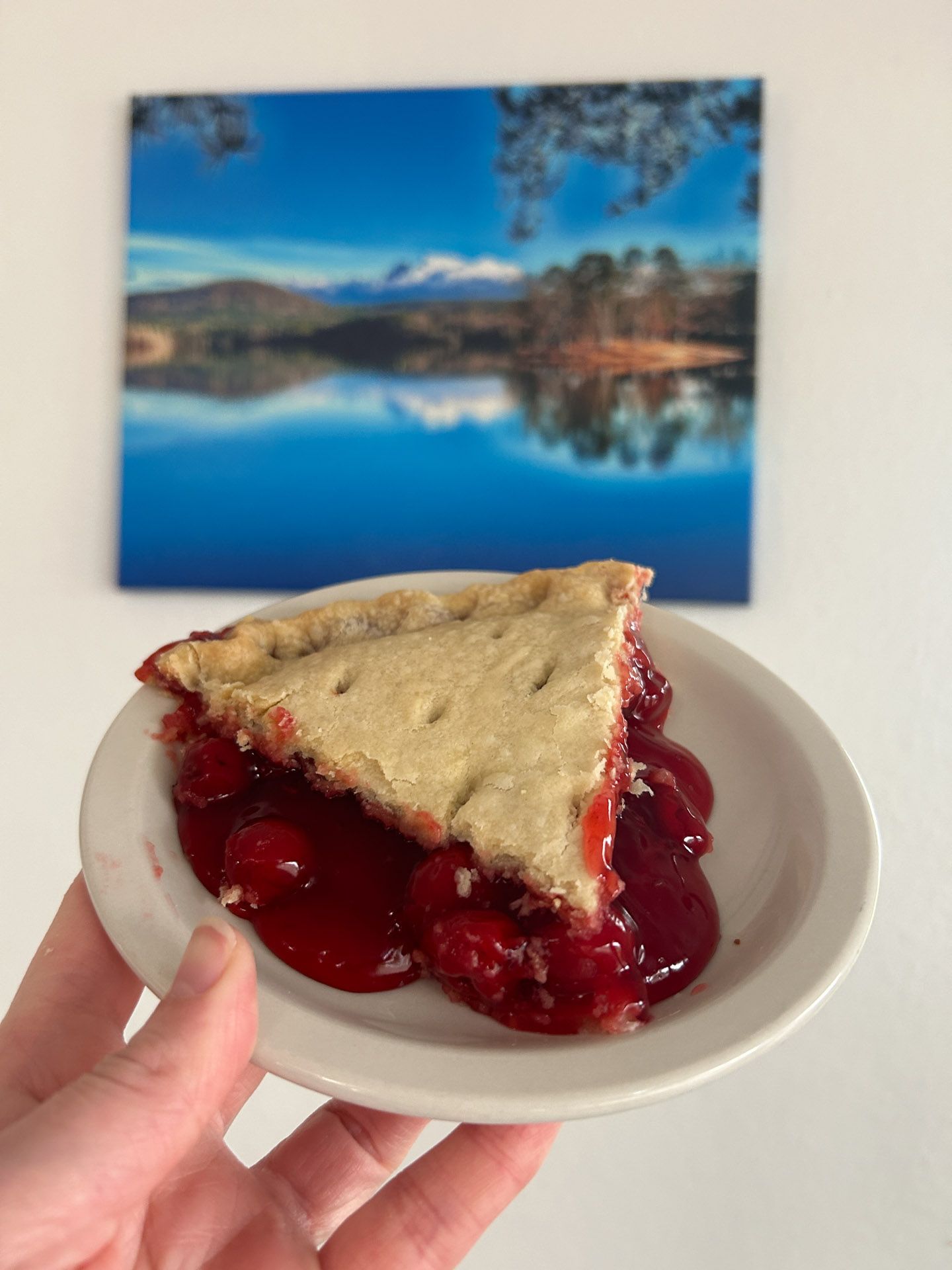 A person is holding a slice of cherry pie on a plate
