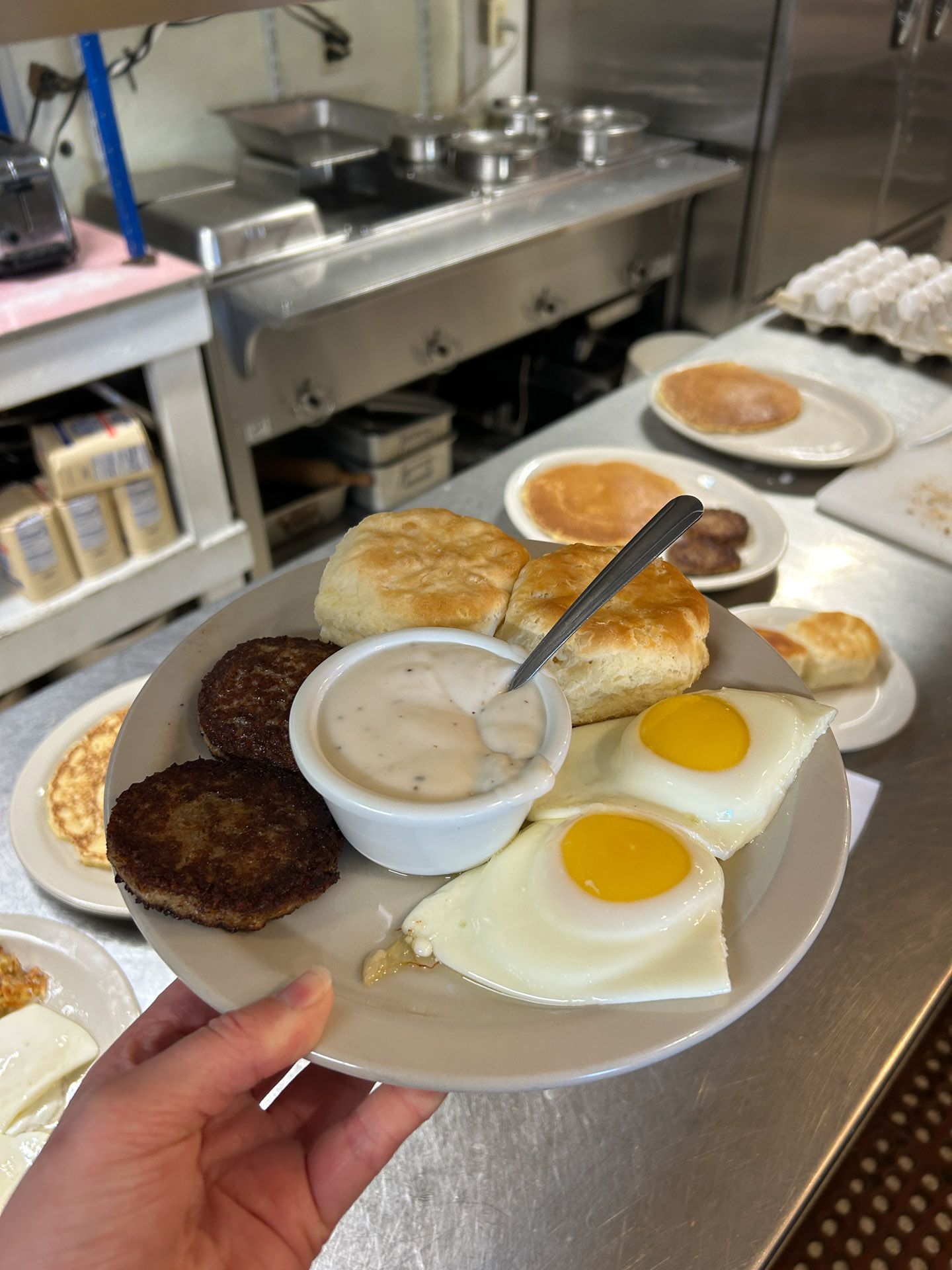 A person is holding a plate of food in a kitchen.