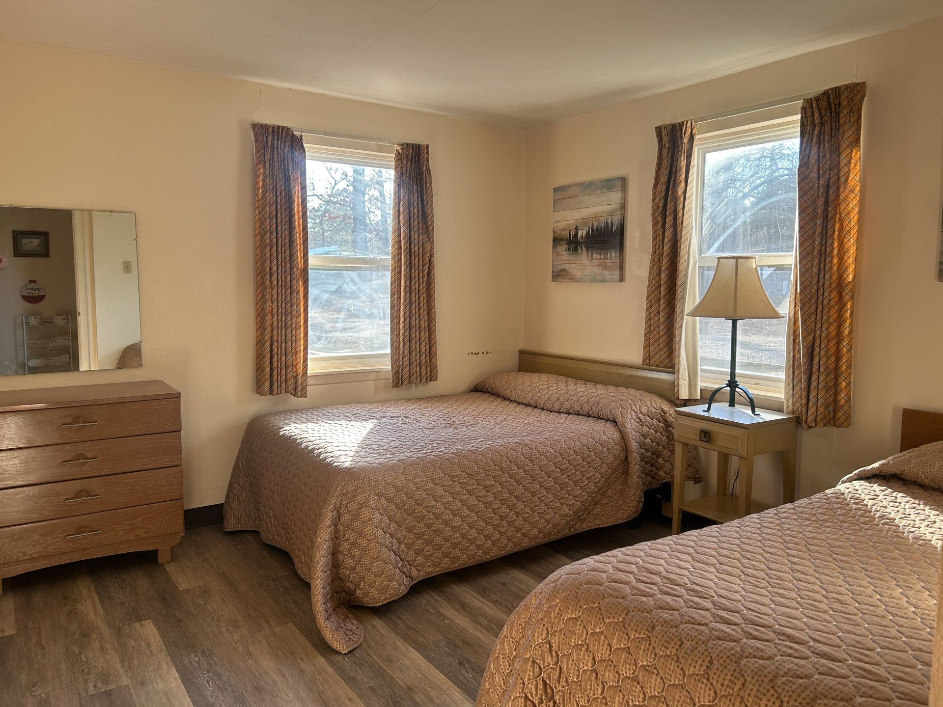 Bedroom with two beds, dresser, mirror, two windows with patterned curtains, and a lamp on a nightstand.