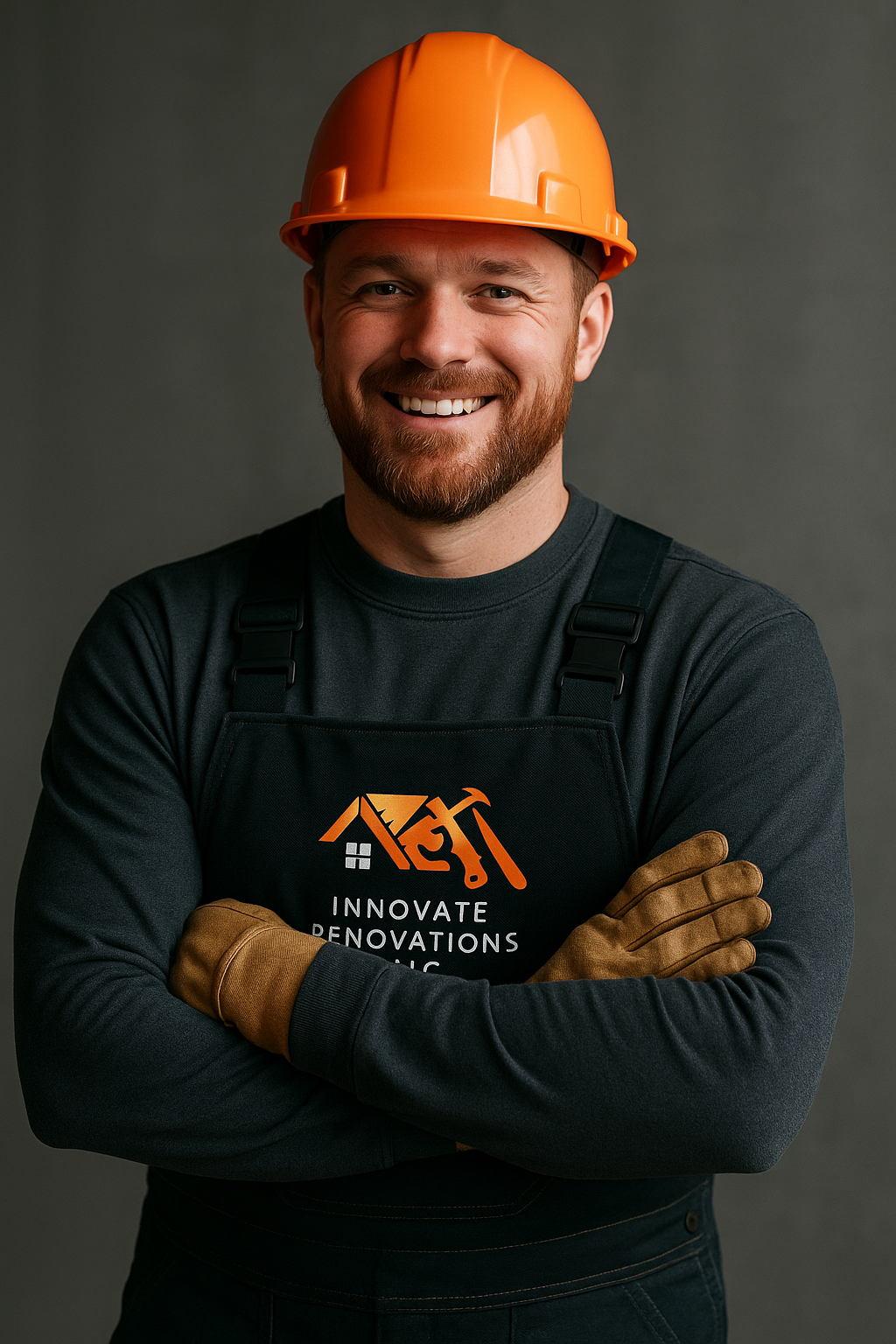 A man wearing a hard hat and overalls is standing with his arms crossed.