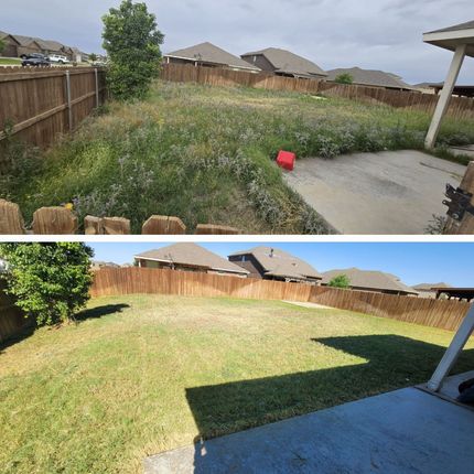 A before and after picture of a backyard with a fence.