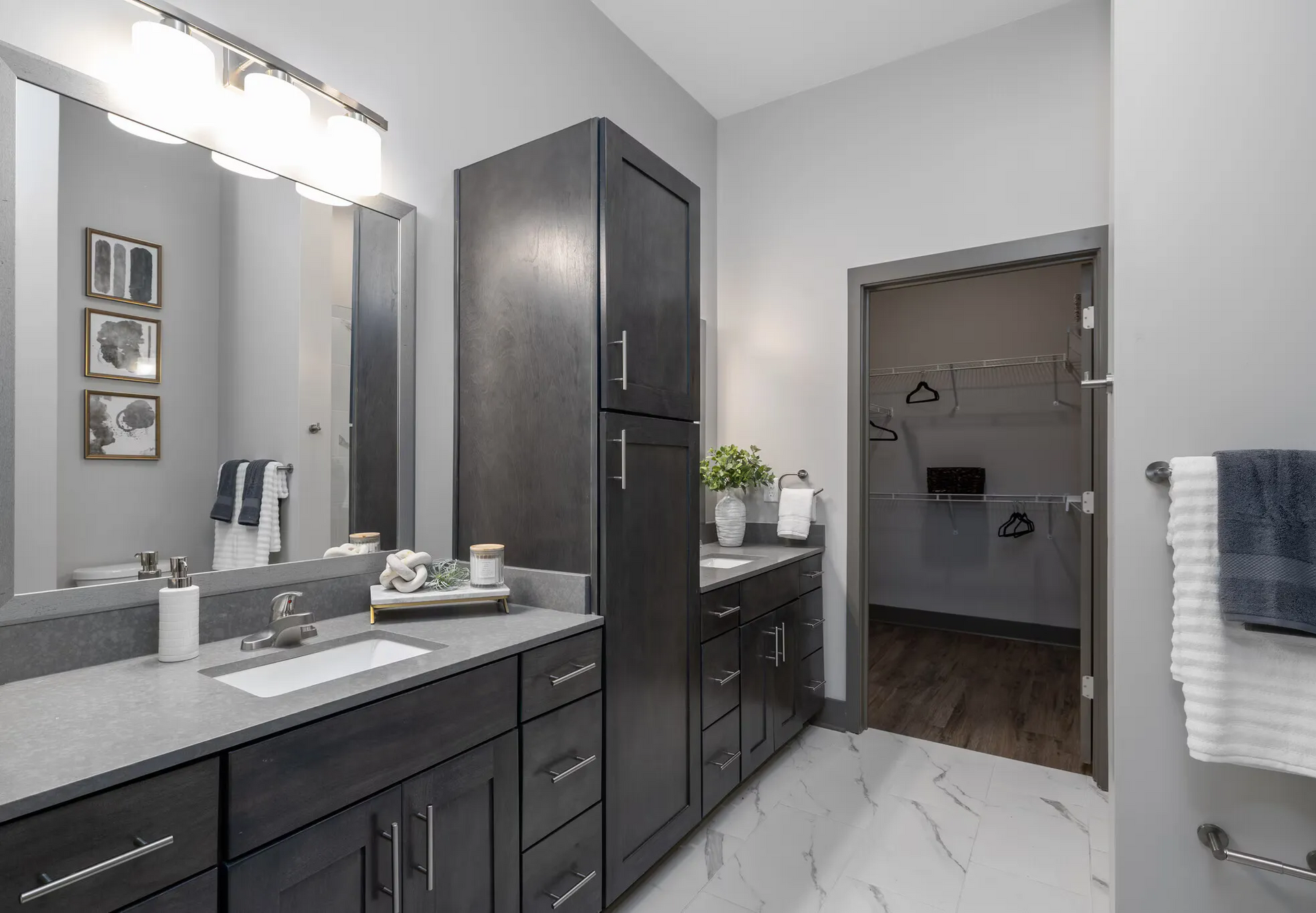 Bathroom with dual-sink vanity, dark cabinetry, and a walk-in closet.