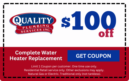 A coupon for $ 100 off complete water heater replacement