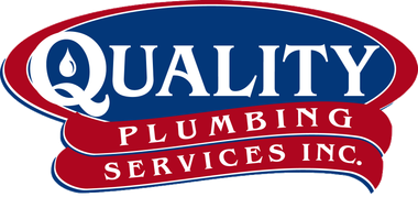 The logo for quality plumbing services inc. is blue and red