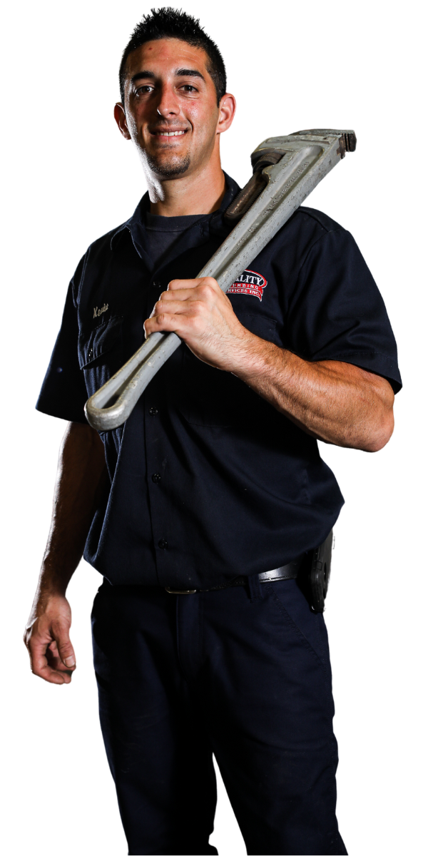 A plumber from Quality Plumbing Services Inc. in a black shirt is holding a wrench over his shoulder.