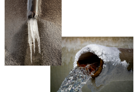 A pipe with icicles coming out of it and a pipe with water coming out of it.
