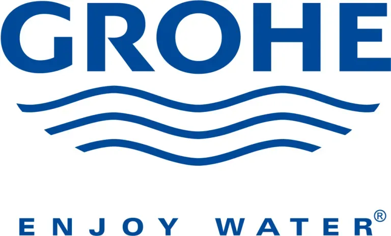 The grohe logo is blue and white and says enjoy water.
