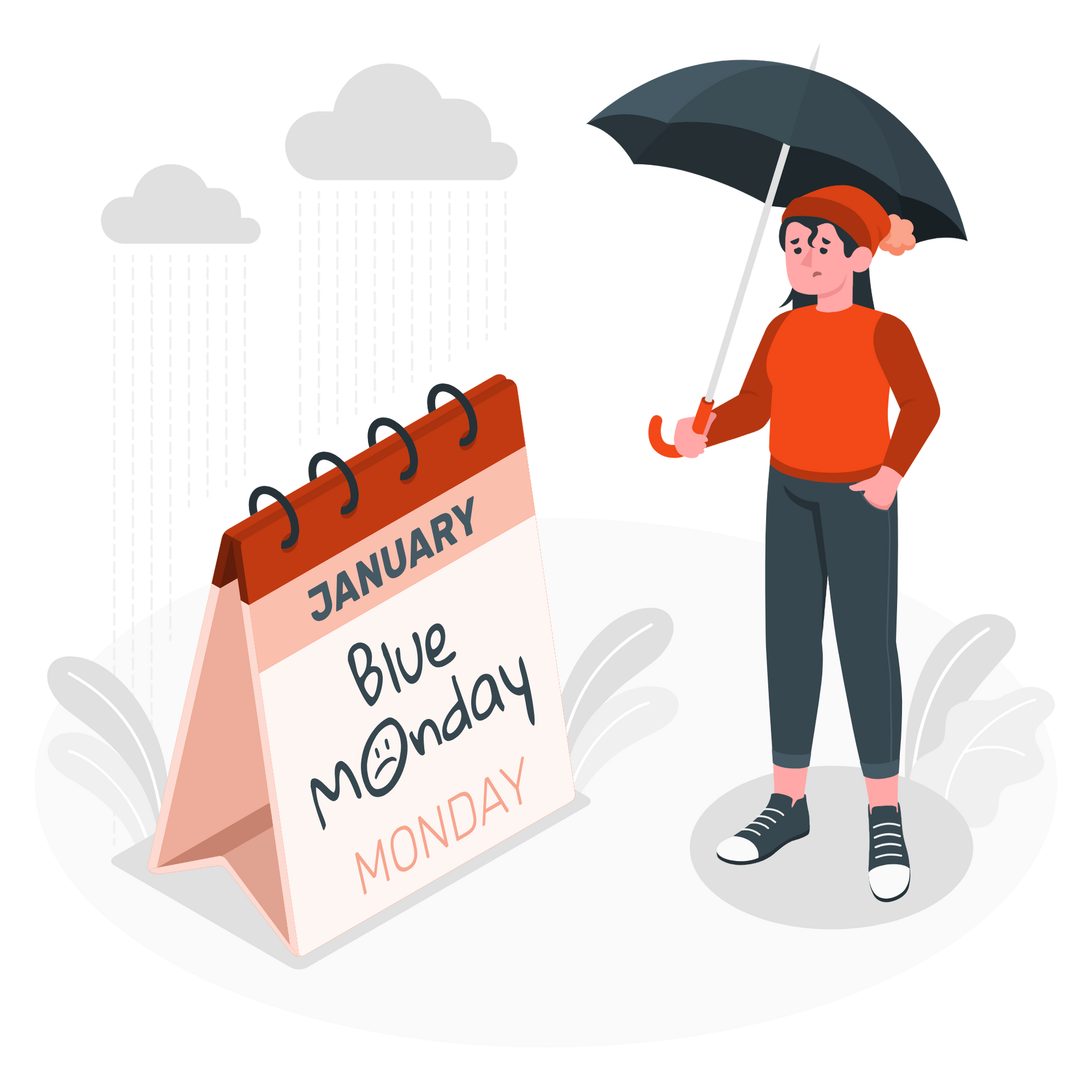 A person is holding an umbrella next to a calendar that says `` blue monday ''.