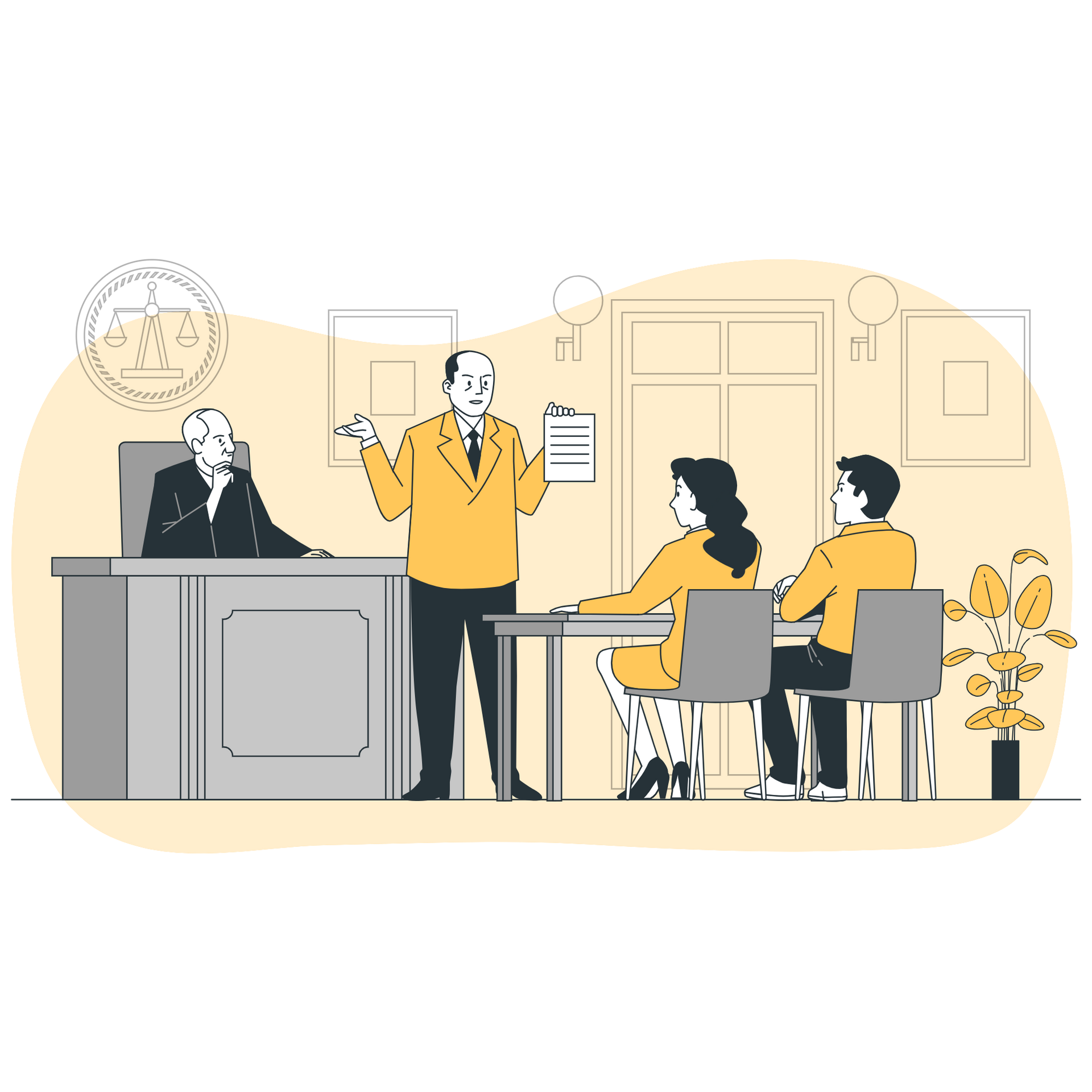 A man is giving a presentation to a group of people in a courtroom.