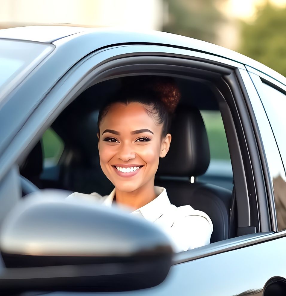 A woman is smiling while sitting in the driver 's seat of a car
