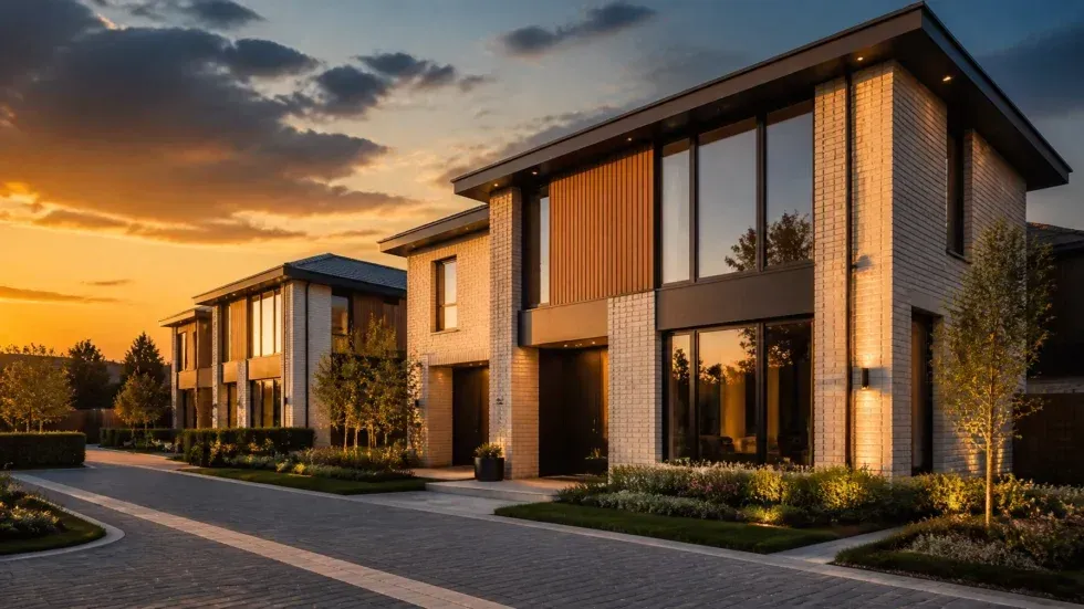Modern apartment buildings at sunset with warm exterior lighting and landscaped walkways