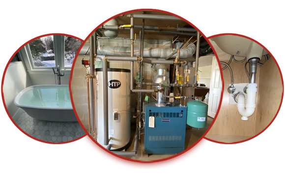 A collage of plumbing components: a bathtub, a water heater and boiler system, and sink piping.