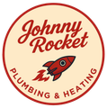 Logo for Johnny Rocket Plumbing & Heating featuring a red rocket on a tan circular background with red text.