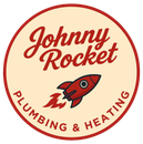 Logo for Johnny Rocket Plumbing & Heating featuring a red rocket on a tan circular background with red text.