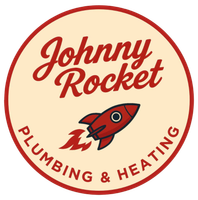 Logo for Johnny Rocket Plumbing & Heating featuring a red rocket on a tan circular background with red text.