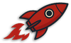 A stylized red rocket flying upward, emitting a red flame from its tail against a plain white background.