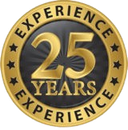 A gold circle with the words `` experience 25 years '' written inside of it.