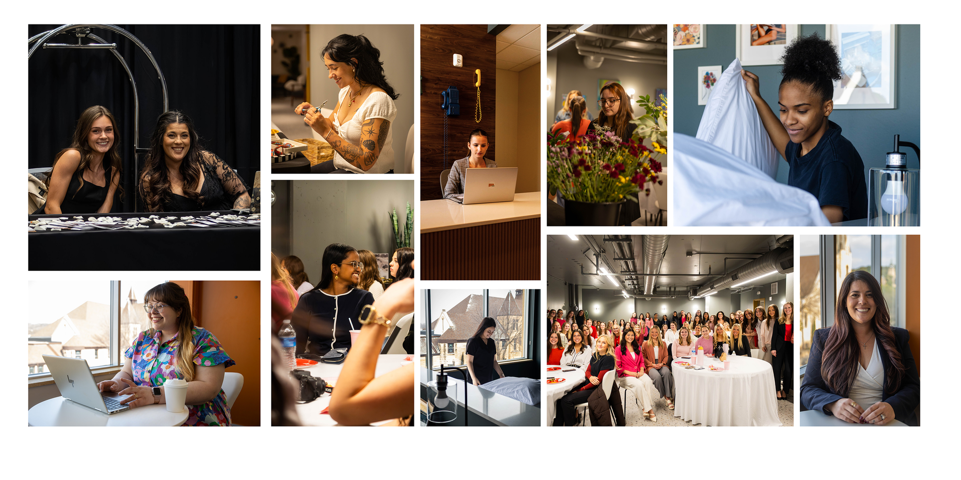 A collage of professional event photos showing women working, networking, and presenting at a conference or workshop.
