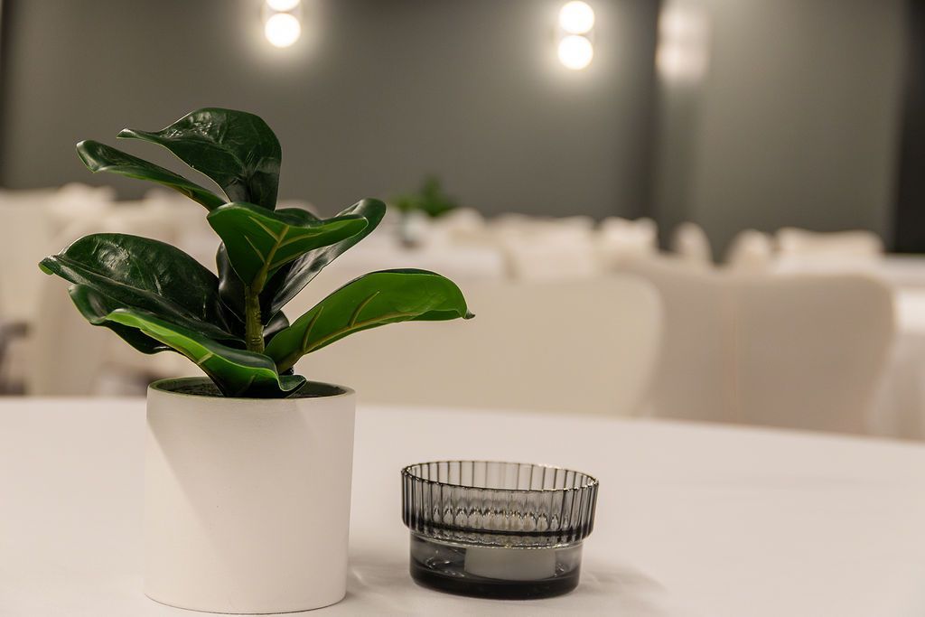 A small green potted plant and a dark glass candle holder sit on a white tablecloth in a softly lit, blurred dining room.