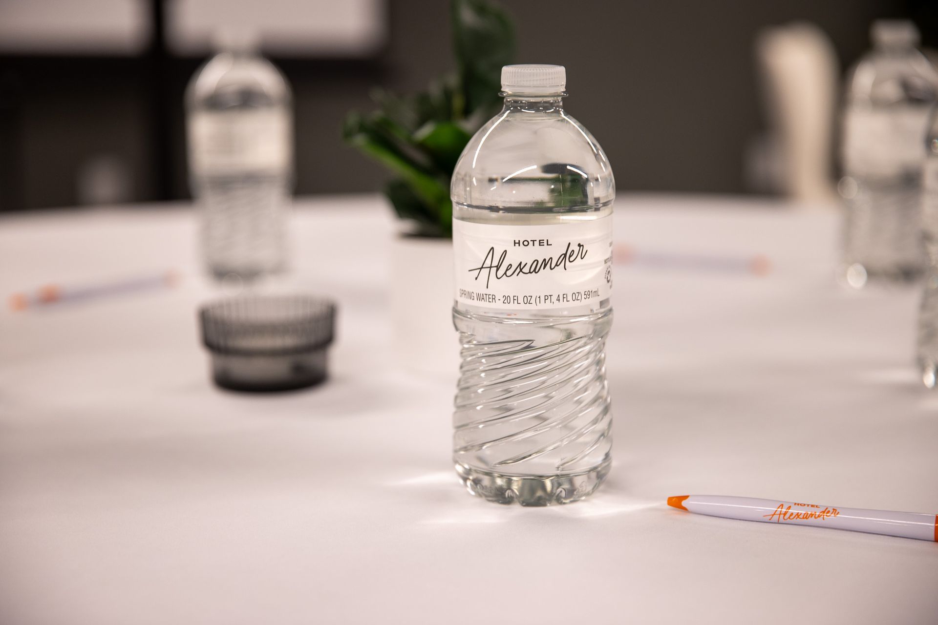A water bottle labeled 