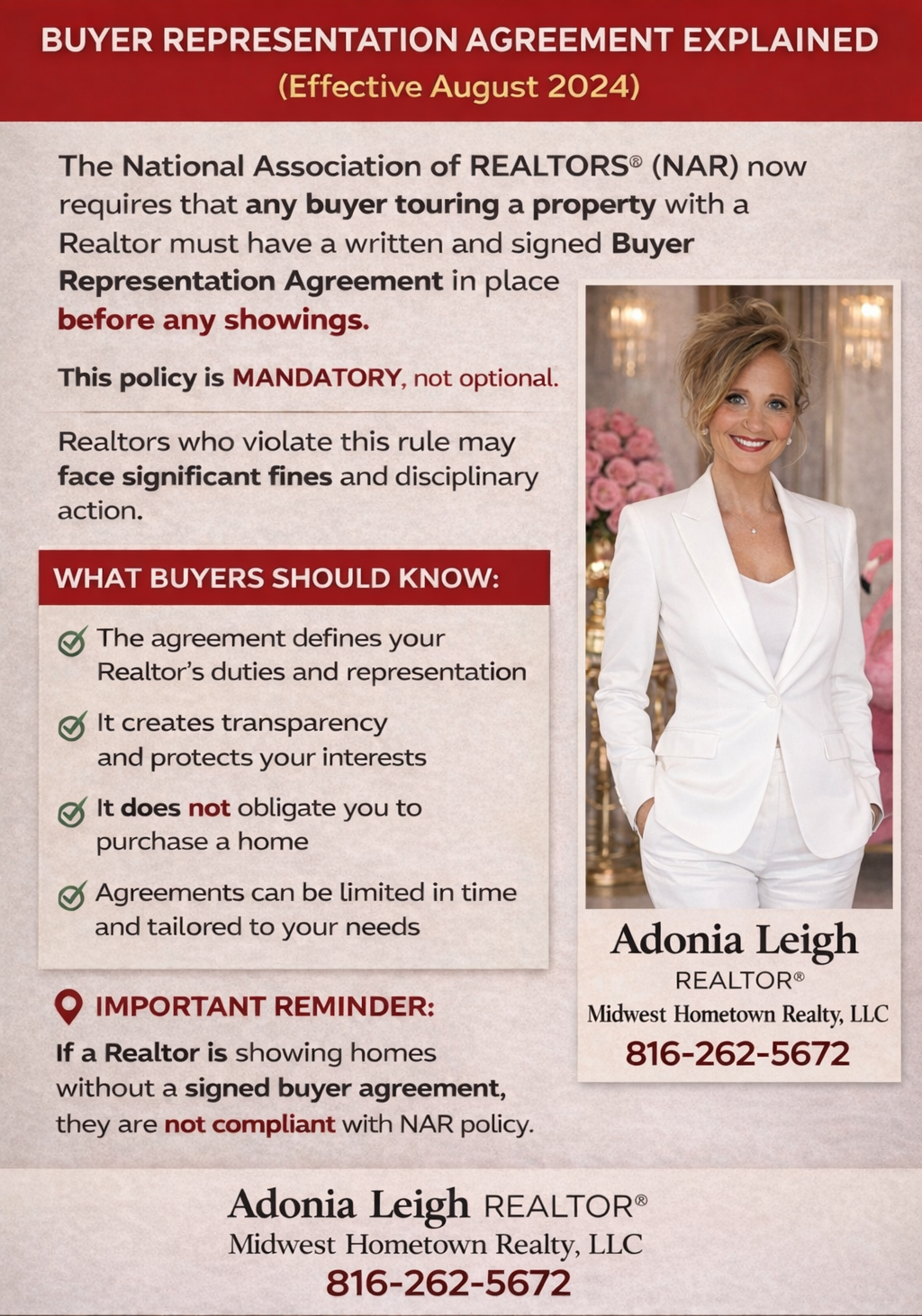 An informational flyer explains the mandatory August 2024 NAR policy requiring signed buyer agreements, featuring Adonia Leigh.