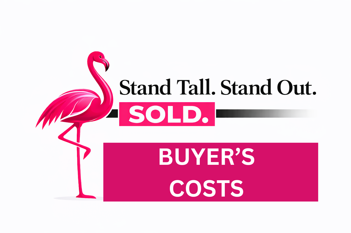 A bright pink flamingo stands next to text reading 