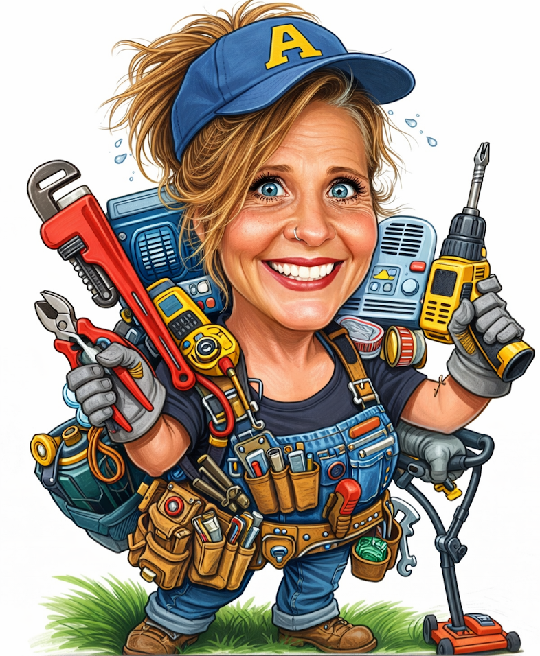 A smiling handy-person wearing a blue cap and tool belt, carrying a pipe wrench, power drill, and assorted tools.