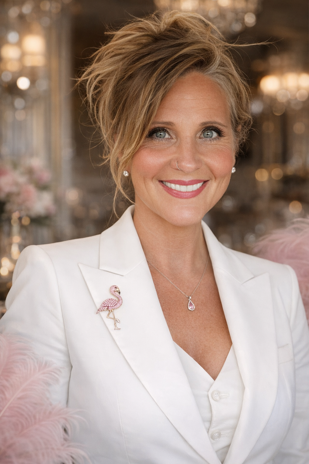 Smiling person with blonde hair in a white suit, wearing a flamingo brooch and pendant necklace in a blurred venue.