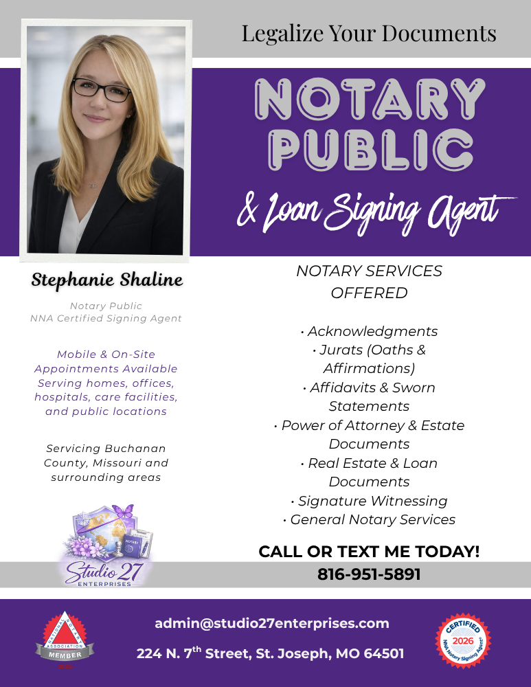 Flyer for Notary Public and Loan Signing Agent Stephanie Shaline, listing services, contact info, and business location.