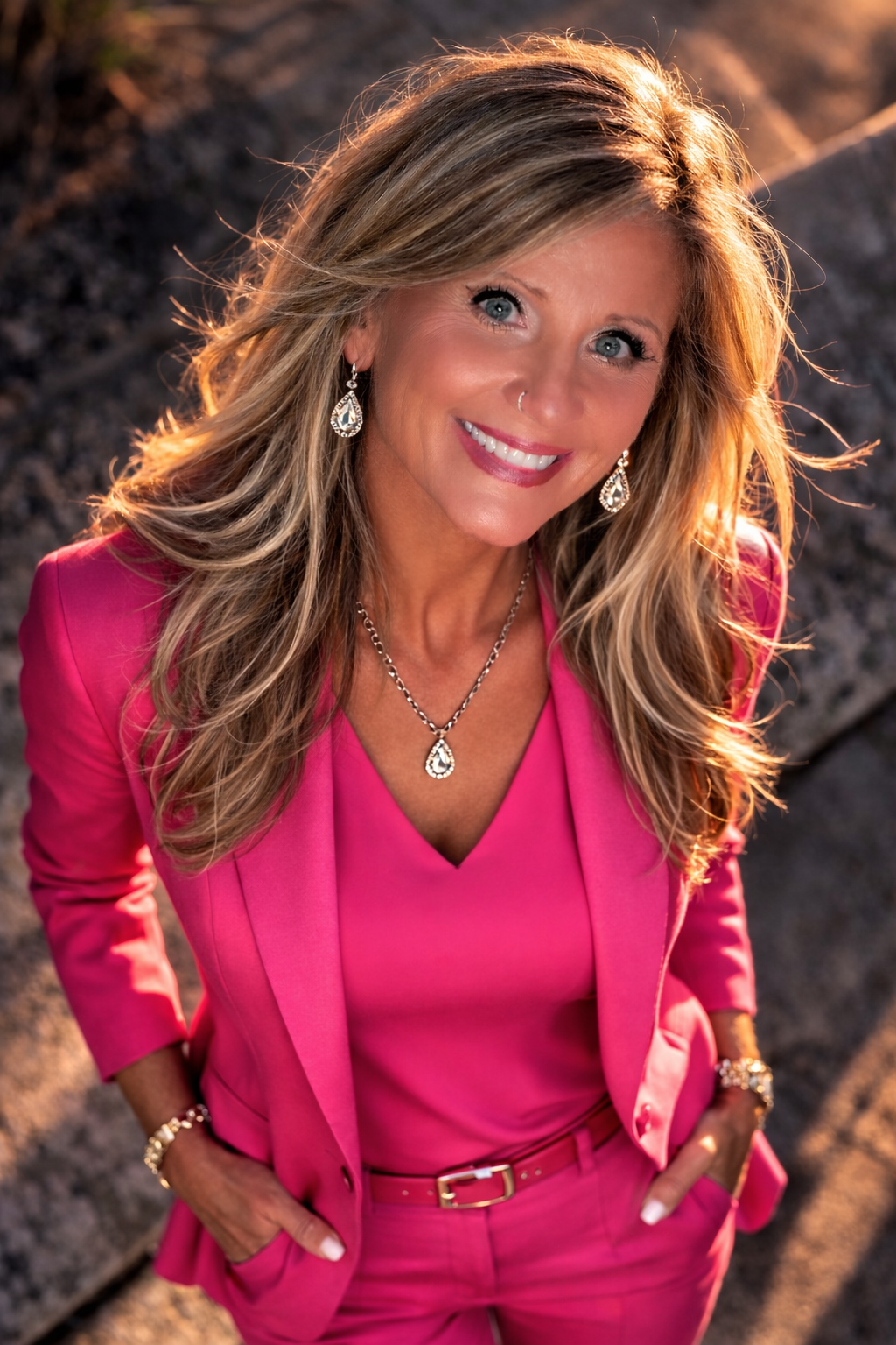 Woman smiling, wearing a hot pink blazer and large hoop earrings.