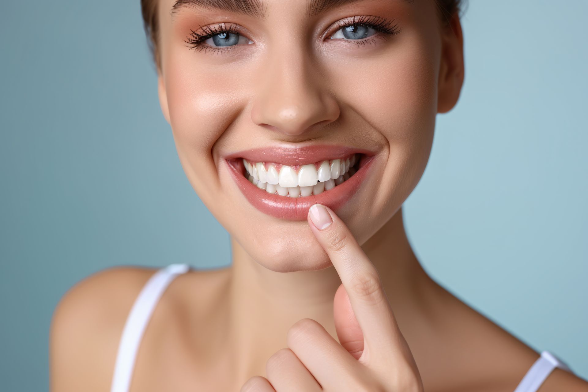 Woman with white smile and healthy gums showcasing the stunning results of cosmetic dentistry.