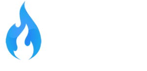 A blue flame is on a white background.