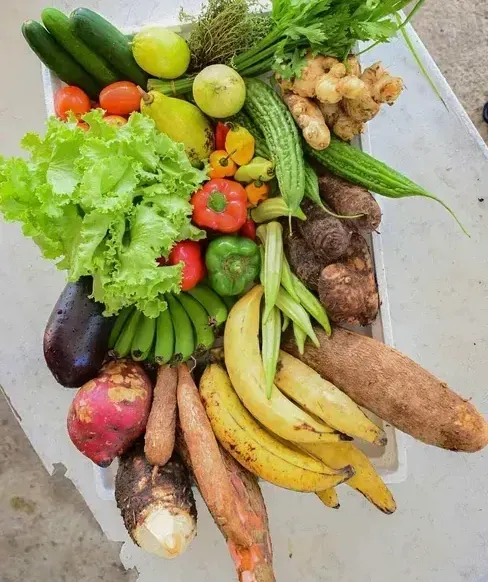 A variety of fruits and vegetables are on a table.