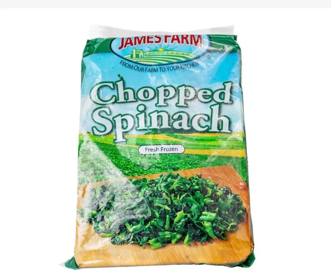 A bag of chopped spinach from james farm