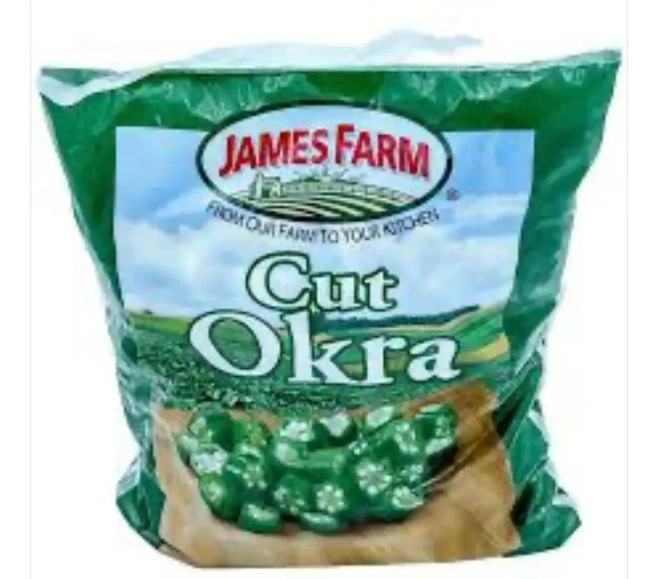 A bag of cut okra from james farm