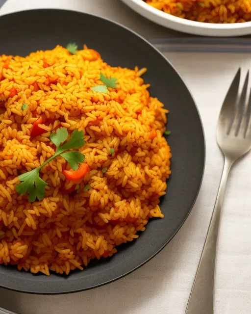 A black bowl filled with rice and vegetables next to a fork.
